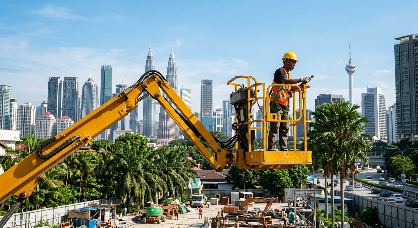Skylift boom lift in action at Malaysian construction site with KL skyline